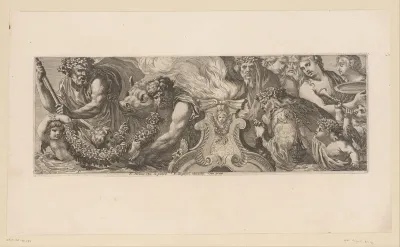 Mythologische voorstelling met goden in verering rond een altaar in het water