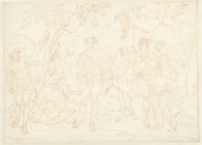 Mythologische voorstelling met man staande tussen twee groepen toeschouwers