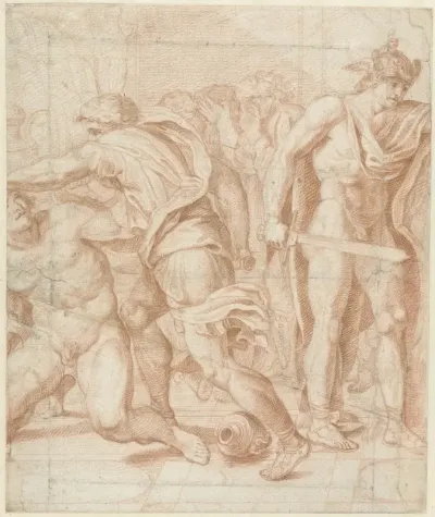 Mythologische voorstelling met Mercurius en strijdende mannen