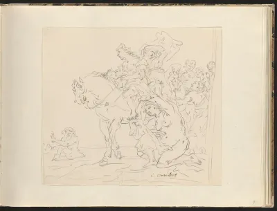 Mythologische voorstelling met vrouwen te voet en te paard aan het water