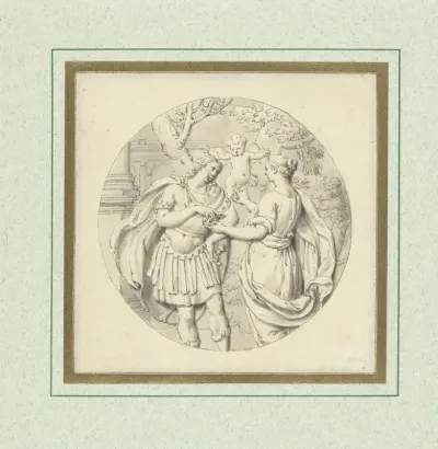 Mythologische voorstelling van Paris die Venus de appel (?) overhandigt