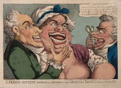 N. Dubois de Chémant demonstrating his own and a woman's false teeth to a prospective male patient with disordered teeth. Coloured etching by T. Rowlandson, 1811