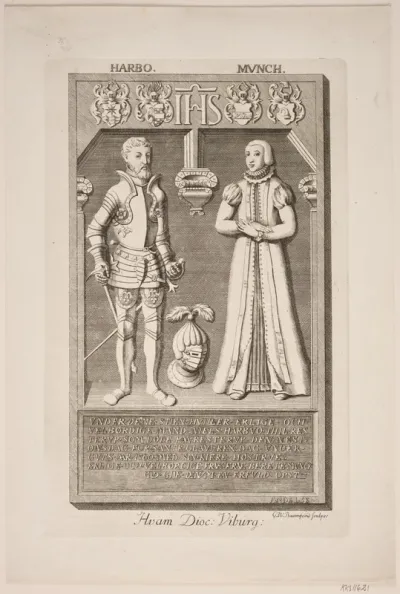 N. Harbo og hustrus gravsten. Illustration til ”Nobilitas Daniae ex monumentis”
