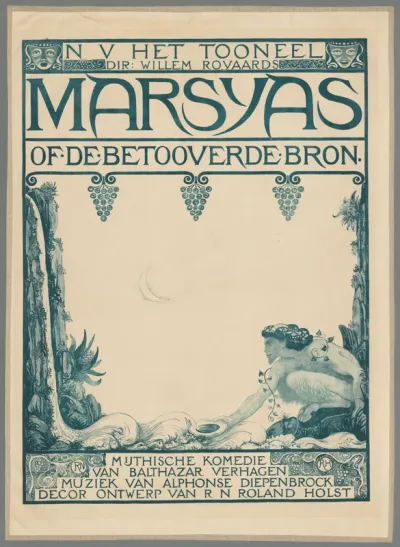 N.V. Het Toneel Dir. Willem Rooyaards. Marsays of de betooverde bron. Mythische komedie van Balthazar Verhagen. Muzeik van Alphonse Diepenbrock. Decor ontwerp van R.N. Roland Holst