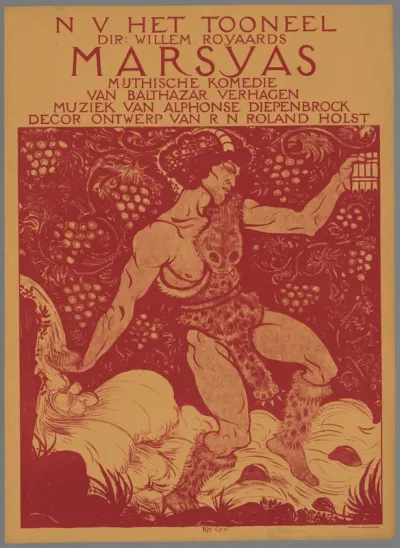 N.V. Het Toneel Dir. Willem Rooyaards. Marsyas Mythische Komedie van Balthazar Verhagen. Muziek van Alphonse Diepenbrock. Decor Ontwerp van R.N. Roland Holst