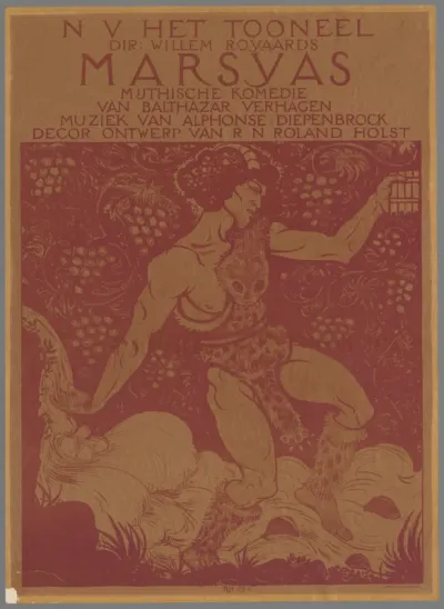 N.V. Het Toneel Dir. Willem Royaards. Marsyas Mythische komedie van Balthazar Verhagen. Muziek van Alphonse Diepenbrock. Decor ontwerp van R.N. Roland Holst.