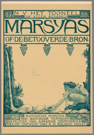 N.V. Het Tooneel Dir. Willem Rooyaards. Marsays of de betooverde bron. Mythische komedie van Balthazar Verhagen. Muziek van Alphonse Diepenbrock. Decor ontwerp van R.N. Roland Holst