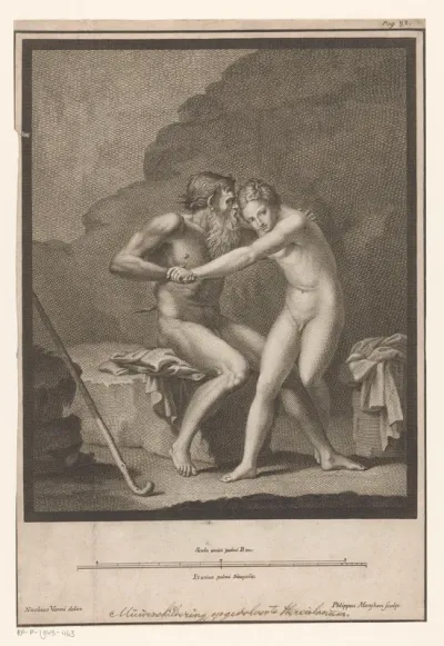 Naakte faun belaagt een naakte jongeling of nimf