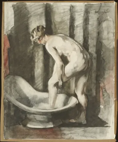 Naakte vrouw, in bad stappend
