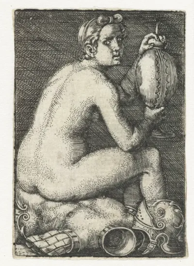 Naakte vrouw zittend op wapenrusting