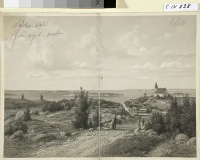 Naantali lounaasta nähtynä, B. Lindholmin maalauksen mukaan. Kuvitusta teokseen "En resa i Finland" kuva 21