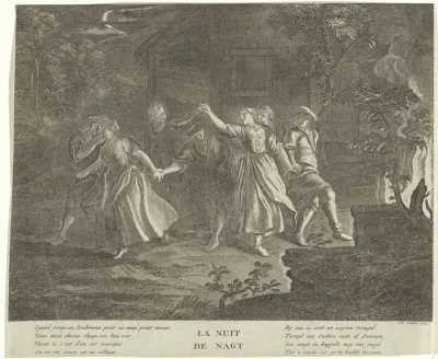 Nacht: rondedans van jonge mannen en vrouwen