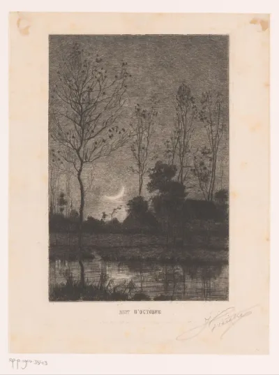 Nachtelijk herfstlandschap met een boerderij aan een vaart