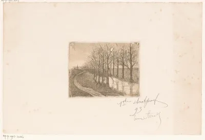 Nachtelijk landschap met bomenrij langs kanaal