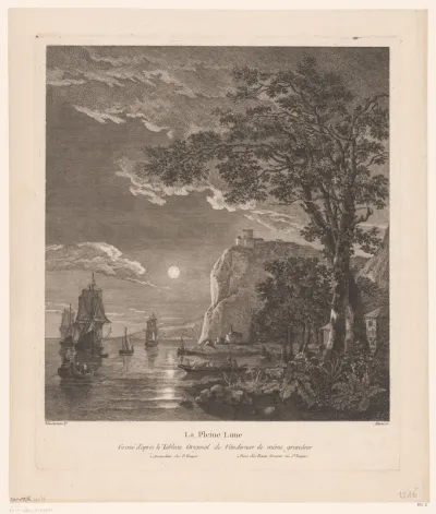 Nachtelijk landschap met schepen aan de kust