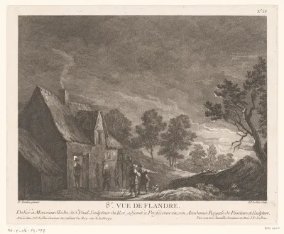 Nachtelijk landschap met vier mannen bij een herberg