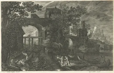 Nachtelijk tafereel met vissers op een rivier