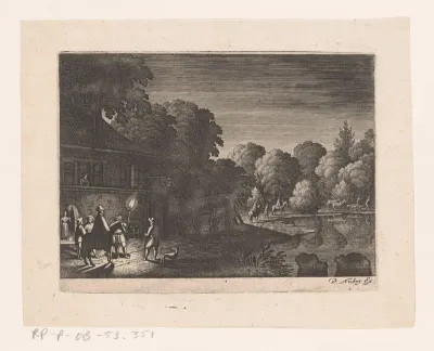 Nachtelijk vertrek bij een herberg