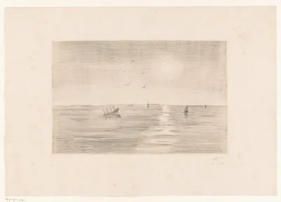 Nachtelijk zeegezicht met enkele schepen