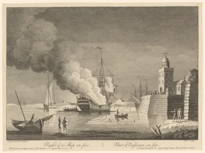 Nachtelijke scène met brandend schip