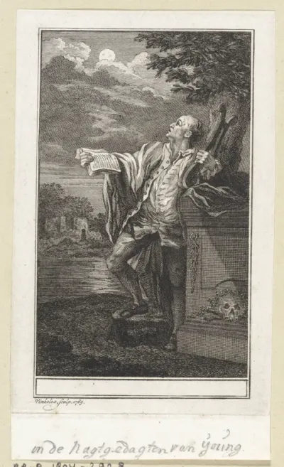 Nachtgezicht met een man met een harp bij een graf