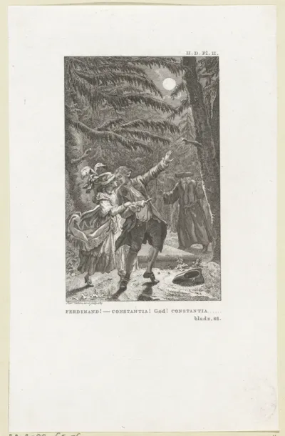 Nachtgezicht met Ferdinand, Constantia en een tweede man in het bos