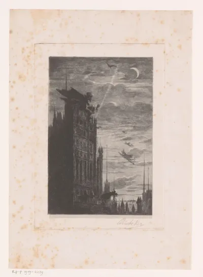 Nachtgezicht met kerktoren en duivels
