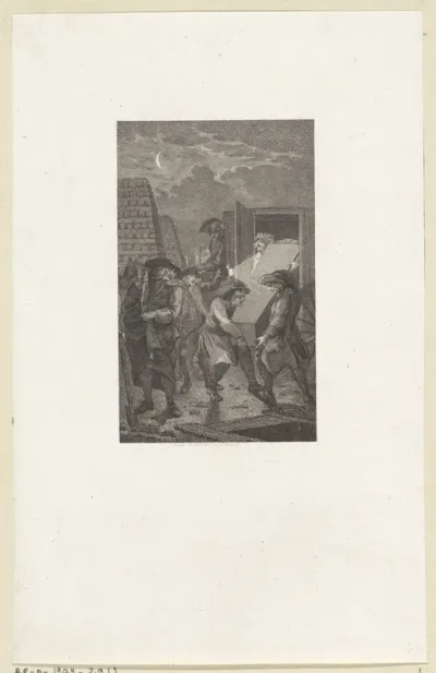 Nachtgezicht met mannen die een doodskist vervoeren