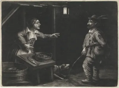 Nachtgezicht met visverkoopster en een urinerende man