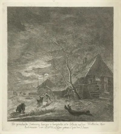 Nachtlandschap met boerderij en schaatsers