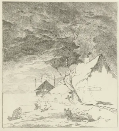 Nachtlandschap met boerderij en schaatsers