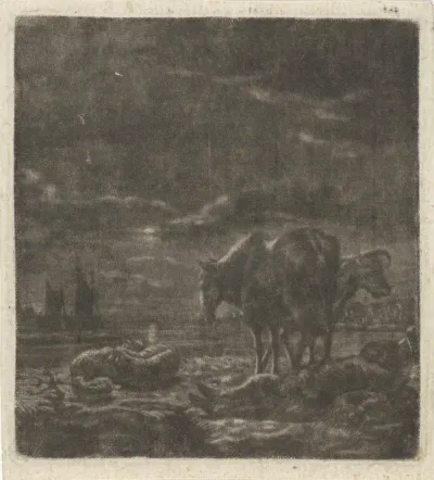 Nachtlandschap met slapende herder en vee