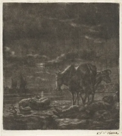 Nachtlandschap met slapende herder en vee