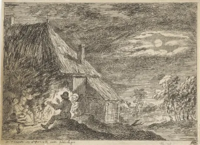 Nachtscène, mensen bij het open vuur