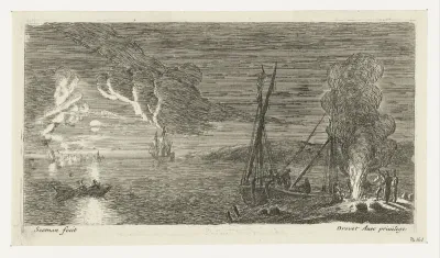 Nachtscène met vissers staande bij een vuur