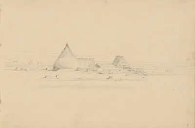 Náčrt krajiny s ľudovou architektúrou