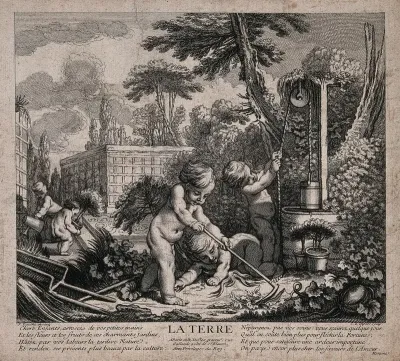 Naked putti at work in a garden, representing the element earth