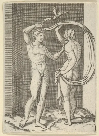 Naked woman viewed from behind holding fabric which billows behind her, looking at naked man standing before her