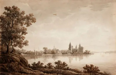 Näkymä niemellä olevalle linnalle (Gripsholm?)