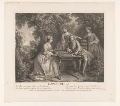 Namiddag: backgammon spelend gezelschap in de buitenlucht