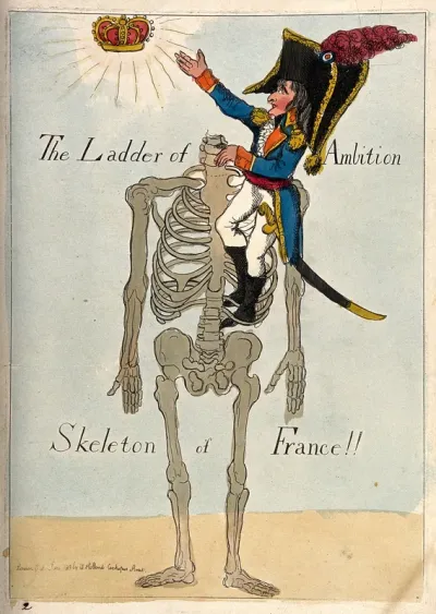 Napoleon climbing a headless skeleton trying to reach an unattainable crown; representing his imperial ambitions for France and his own for sovereignty