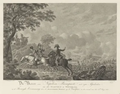 Napoleon I Bonaparte, keizer der Fransen, ontvlucht het slagveld bij Waterloo