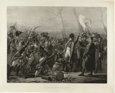 Napoleon I Bonaparte ontvangen door het 5e Regiment in Grenoble, 07-03-1815, na zijn vlucht van Elba