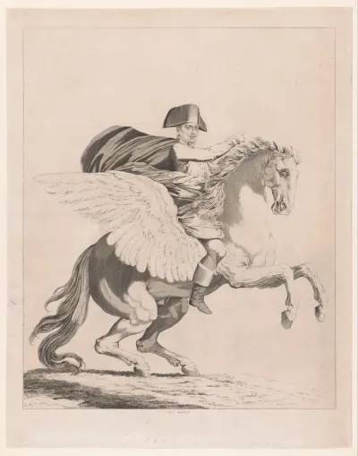 Napoleon I Bonaparte zittend op een gevleugeld paard