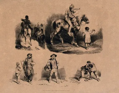 Napoleon in battle, an old man on horseback holding a child asks another child the way, a man carries a ladder or chair, a countryman carries a basket and two boys fight