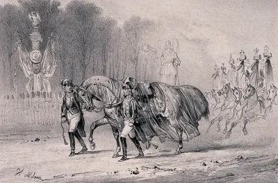 Napoleon's battle-horse being lead by soldiers in the funeral courtège of Napoleon Bonaparte