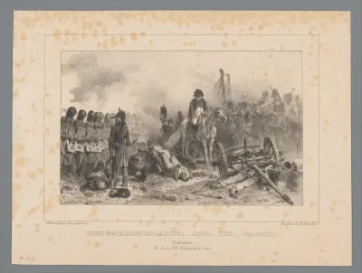 Napoleon te midden van soldaten tijdens de Slag bij Waterloo, 18 juni 1815