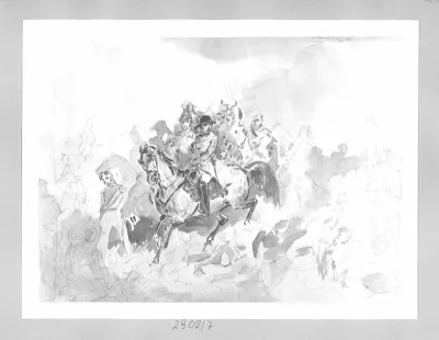 Napoleon zu Pferd, von Generalen und Truppe umgeben
