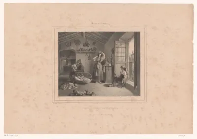Napolitaans interieur met doedelzakspeler, baby en twee vrouwen