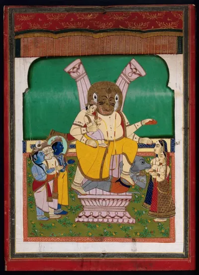 Narasimha, a lion avatar of the Hindu god Vishnu, emerges from a split stone pillar, holding his devotee Prahlada while vanquishing the demon Hiranyakashipu underfoot
